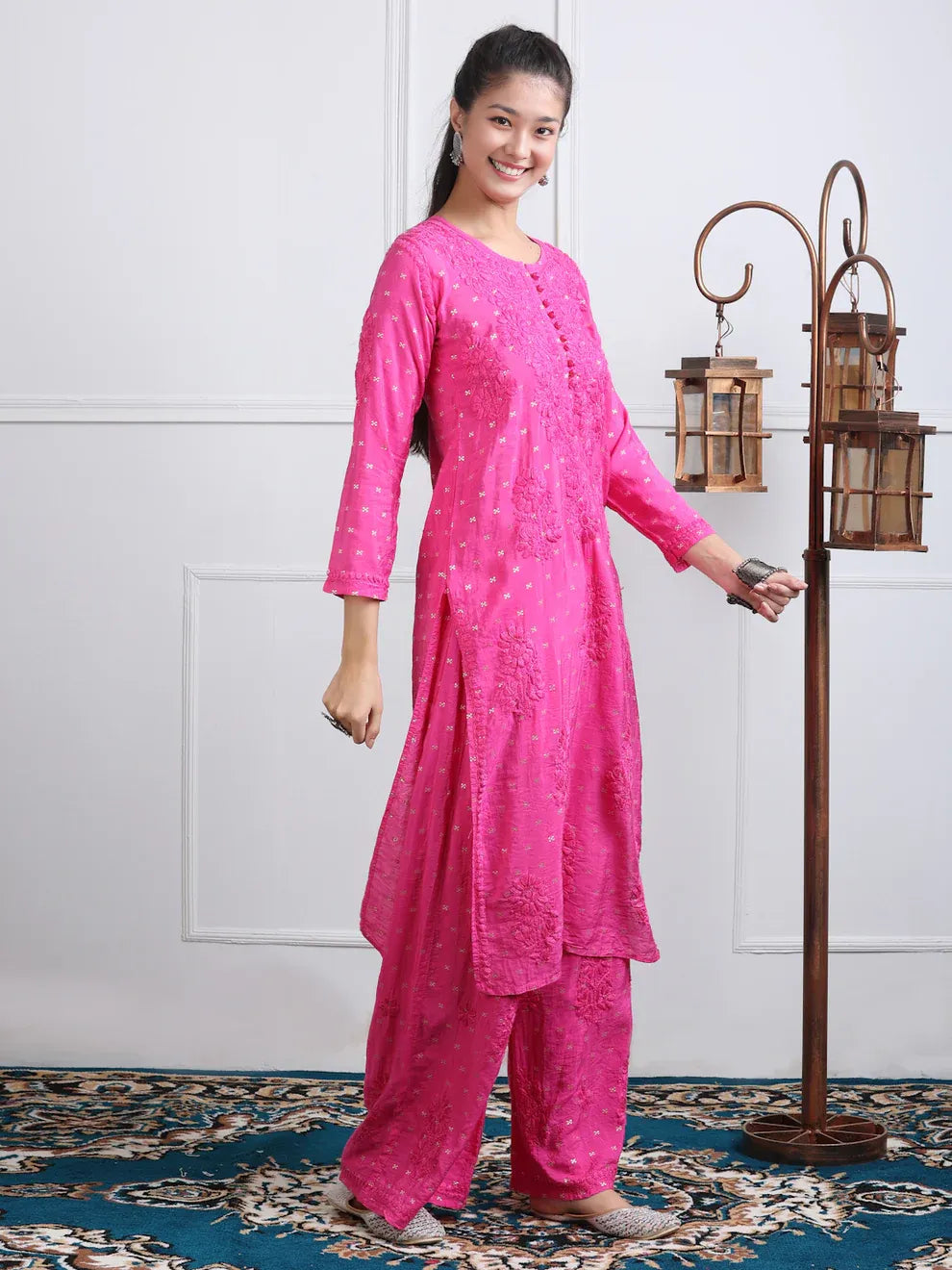 Chanderi Sild Handwork Chikankari Kurta & Plazzo Set