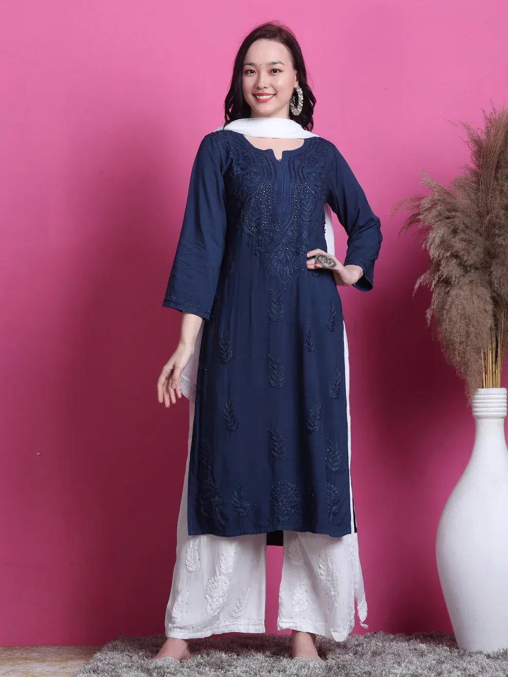 3D Chikankari work Ryon Mukaish Kurti - Store Chikankari