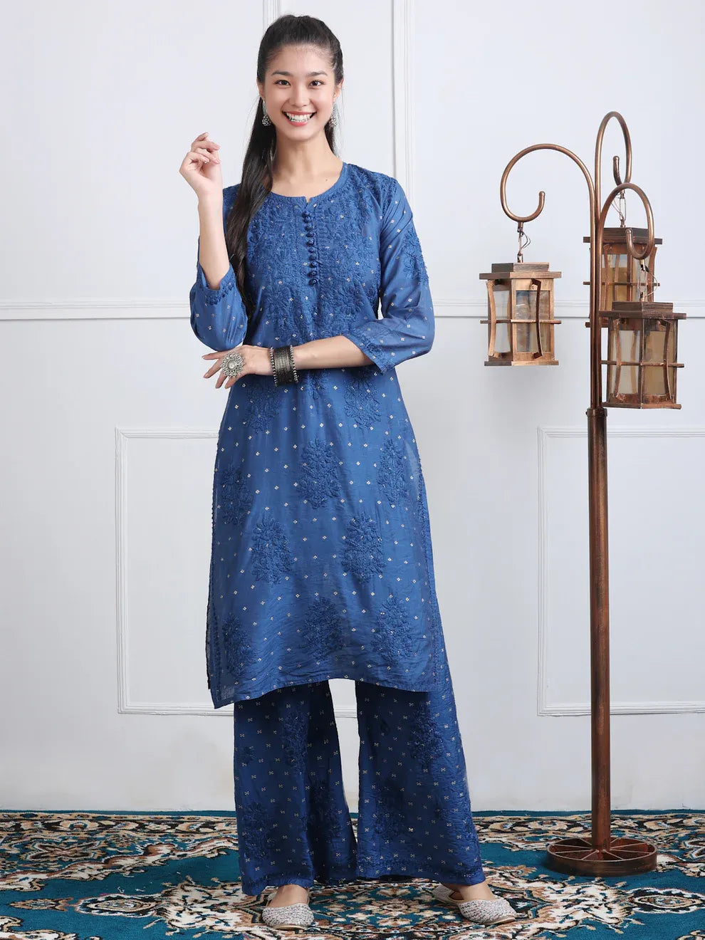 Chanderi Sild Handwork Chikankari Kurta & Plazzo Set