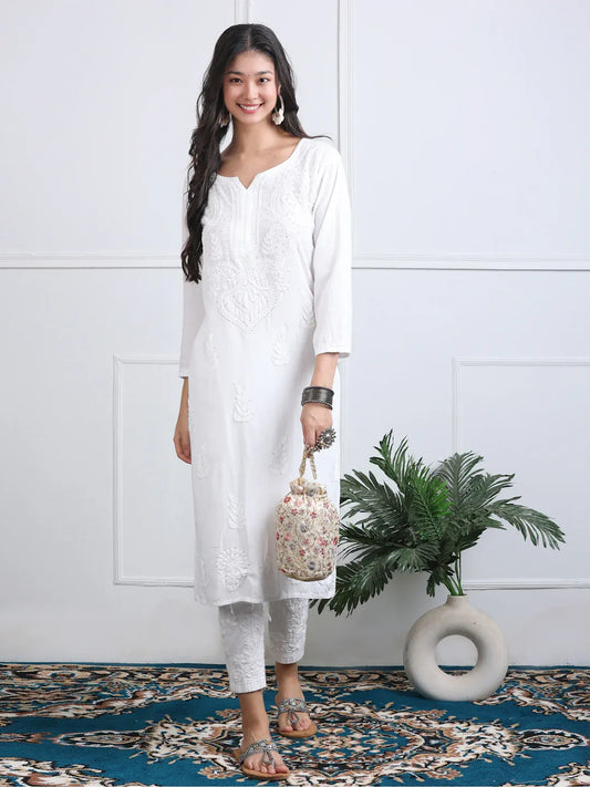 3D Chikankari work Ryon Mukaish Kurti - Store Chikankari
