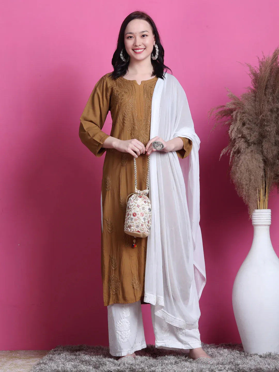 3D Chikankari work Ryon Mukaish Kurti - Store Chikankari