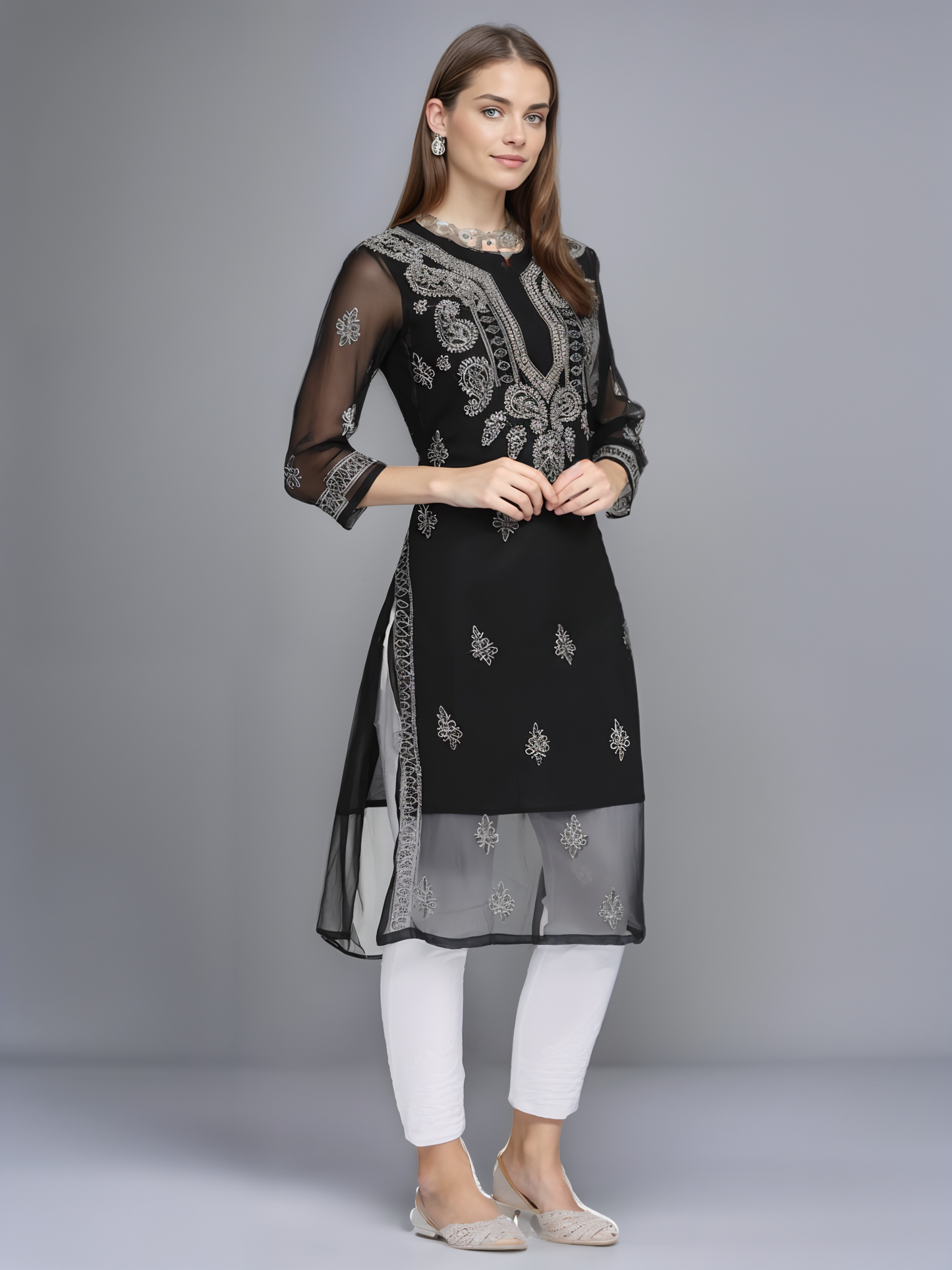 Georgette Chikankari Straight Fit Kurti With Lining