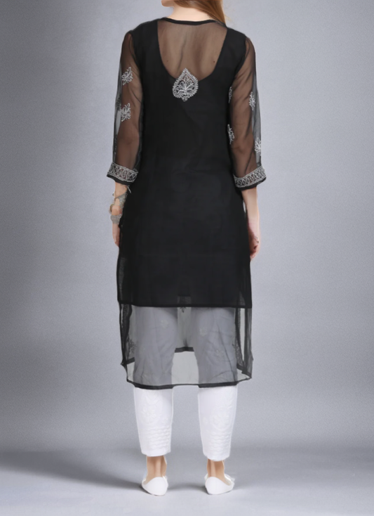 Georgette Chikankari Straight Fit Kurti With Lining