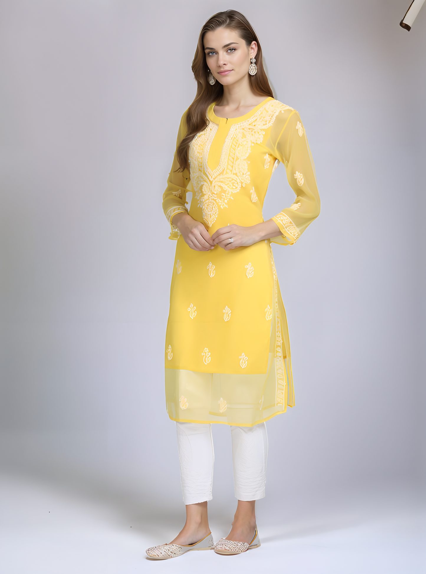 Georgette Chikankari Straight Fit Kurti With Lining