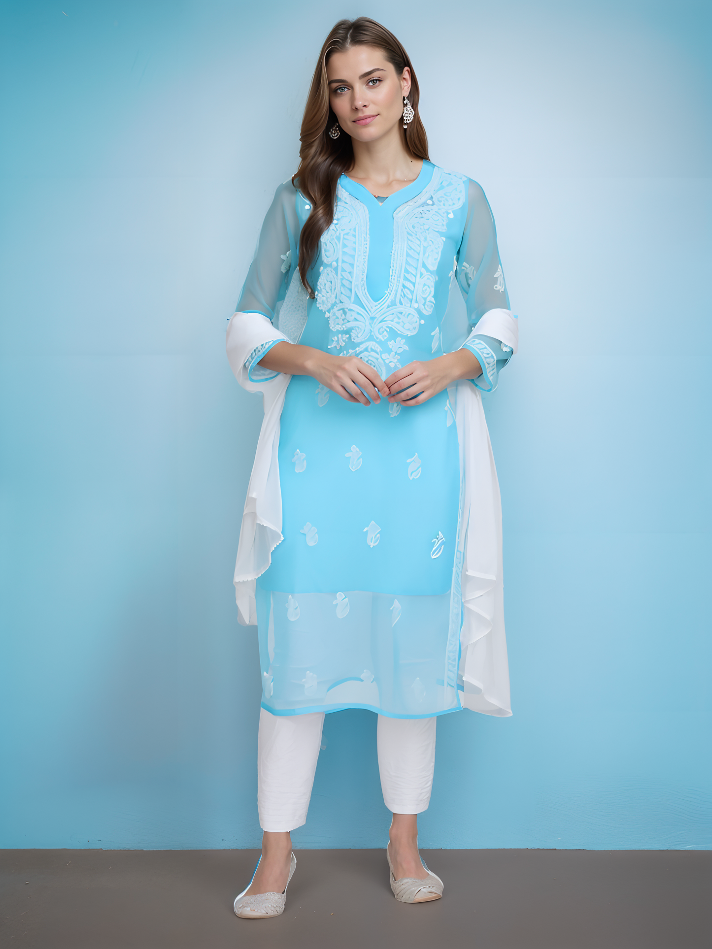 Georgette Chikankari Straight Fit Kurti With Lining