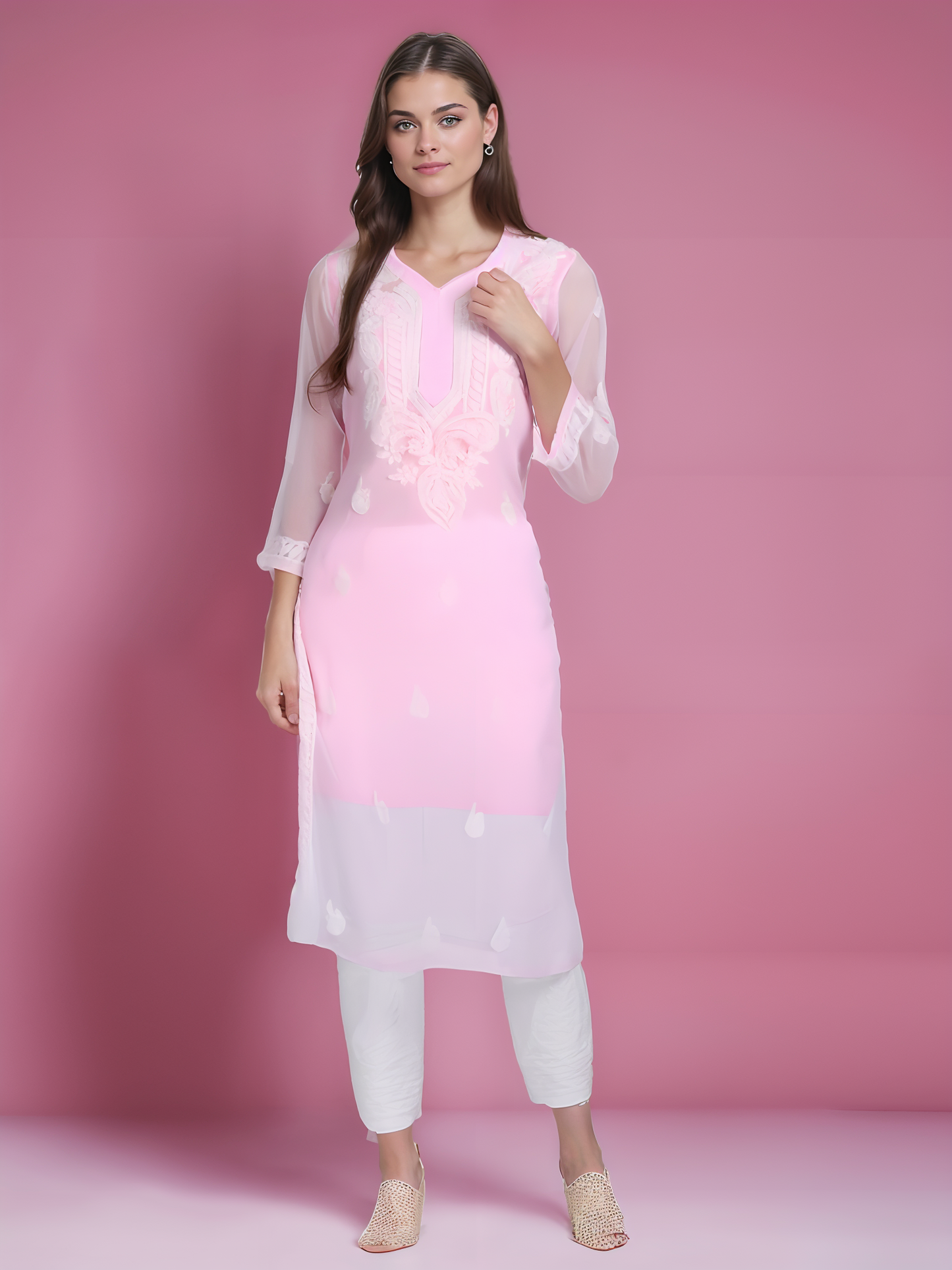 Georgette Chikankari Straight Fit Kurti With Lining