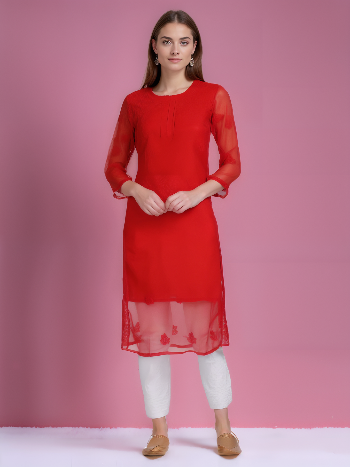 Georgette Chikankari Straight Fit Kurti With Lining
