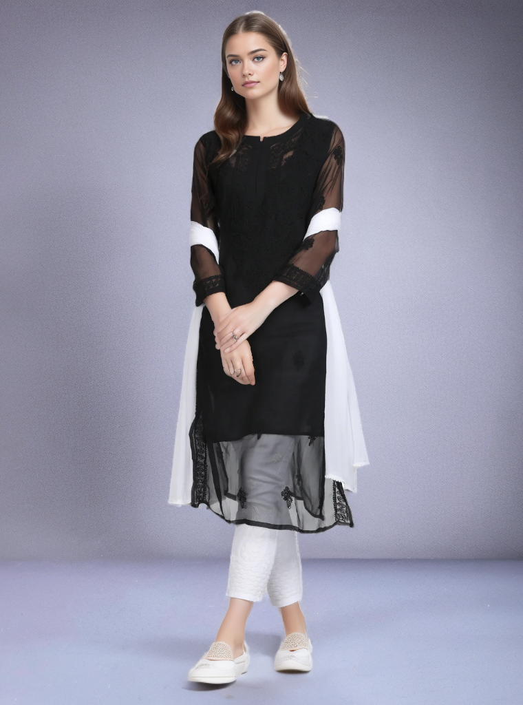 Georgette Chikankari Straight Fit Kurti With Lining