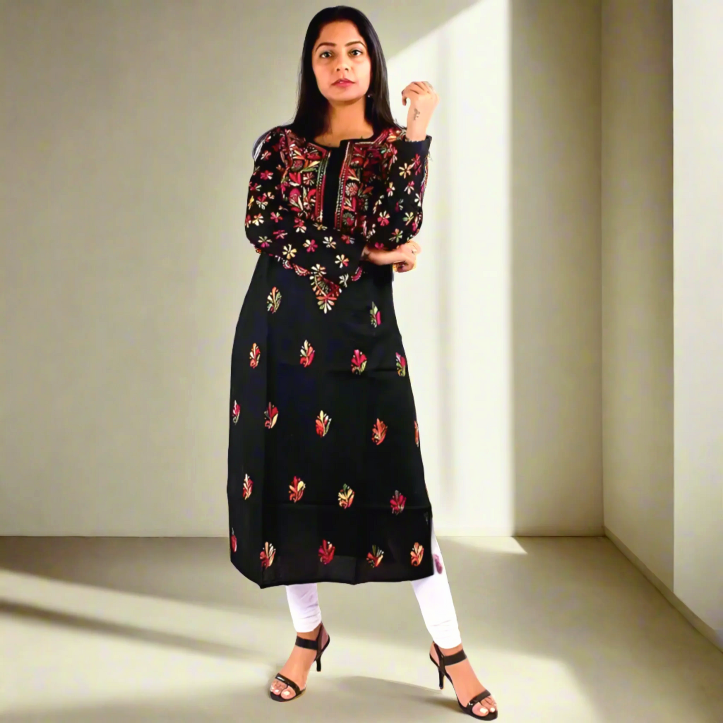 Gala Buti Midnight Floral Embroidered Kurti – Elegant Evening Ethnic Wear | Store Chikankari