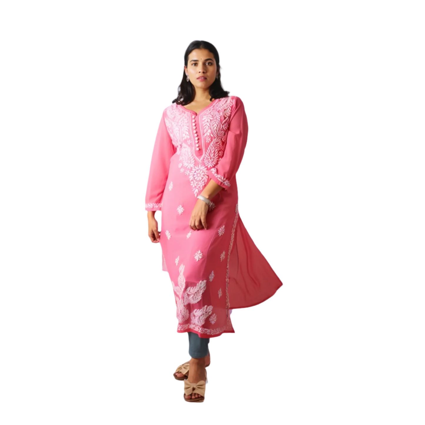 Georgette Chikankari Straight Kurti with Crochet Buttons – Elegant Everyday Style | Store Chikankari