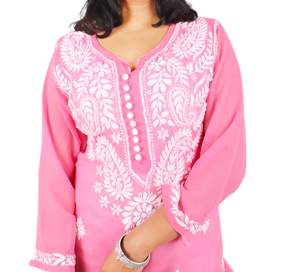 Georgette Chikankari Straight Kurti with Crochet Buttons – Elegant Everyday Style | Store Chikankari
