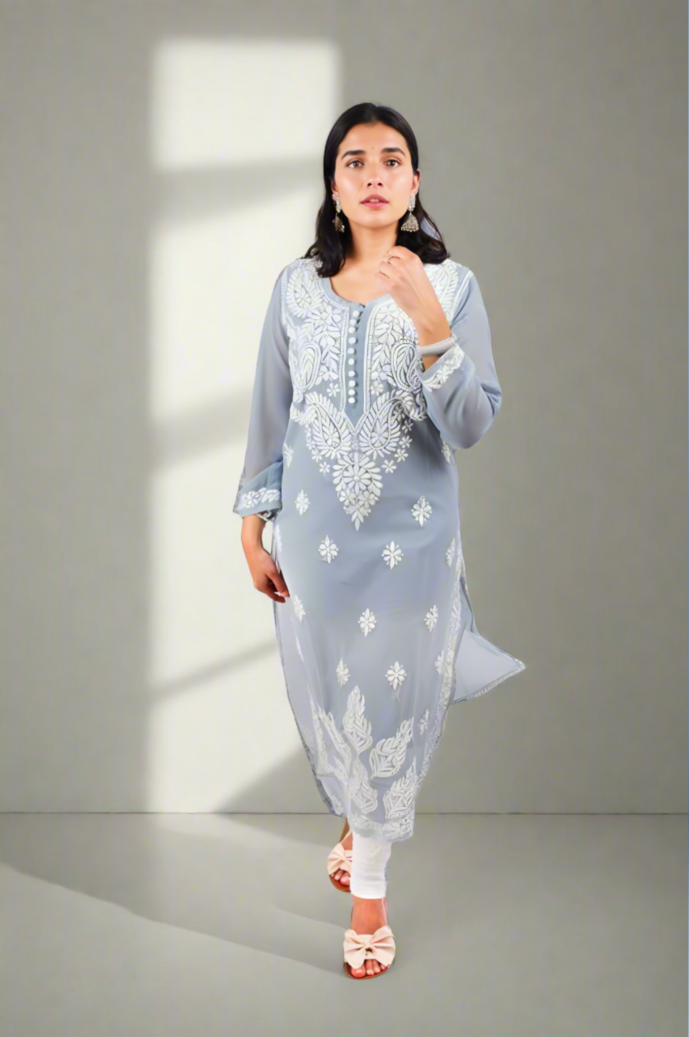 Georgette Chikankari Straight Kurti with Crochet Buttons – Elegant Everyday Style | Store Chikankari