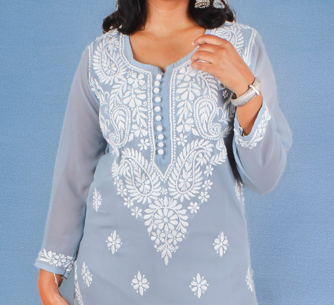Georgette Chikankari Straight Kurti with Crochet Buttons – Elegant Everyday Style | Store Chikankari