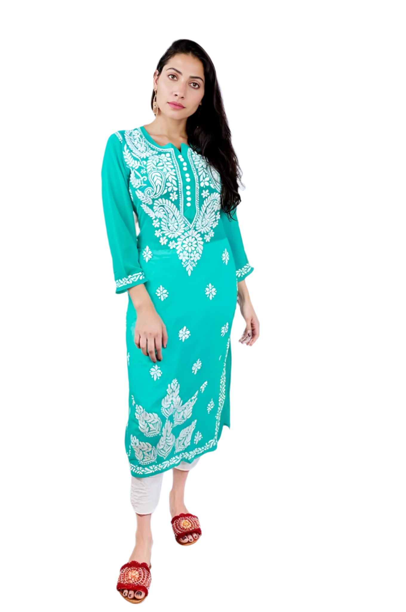 Georgette Chikankari Straight Kurti with Crochet Buttons – Elegant Everyday Style | Store Chikankari