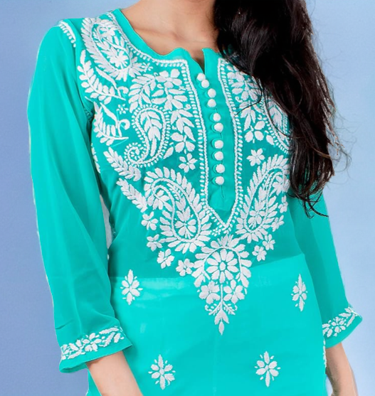 Georgette Chikankari Straight Kurti with Crochet Buttons – Elegant Everyday Style | Store Chikankari