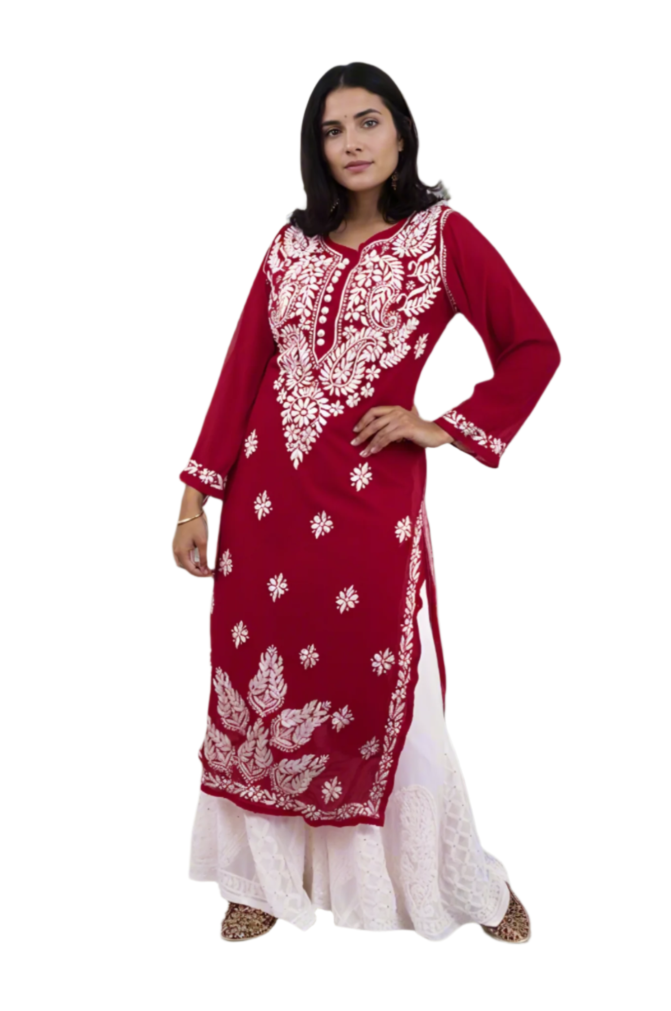 Georgette Chikankari Straight Kurti with Crochet Buttons – Elegant Everyday Style | Store Chikankari