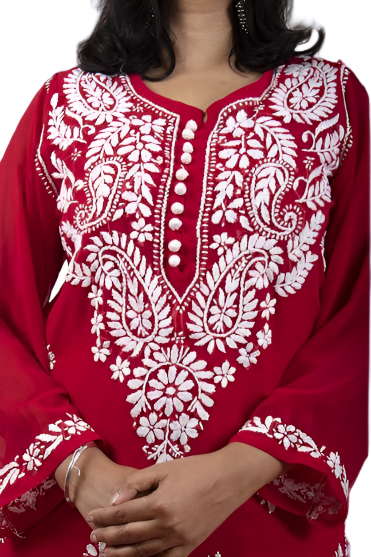 Georgette Chikankari Straight Kurti with Crochet Buttons – Elegant Everyday Style | Store Chikankari
