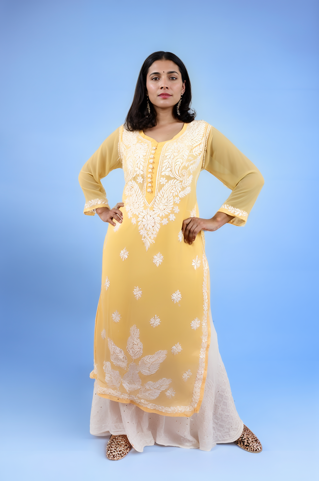 Georgette Chikankari Straight Kurti with Crochet Buttons – Elegant Everyday Style | Store Chikankari