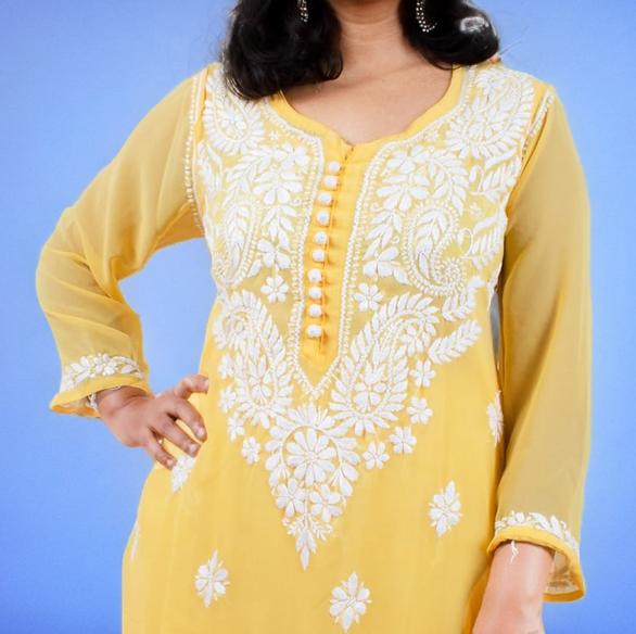 Georgette Chikankari Straight Kurti with Crochet Buttons – Elegant Everyday Style | Store Chikankari