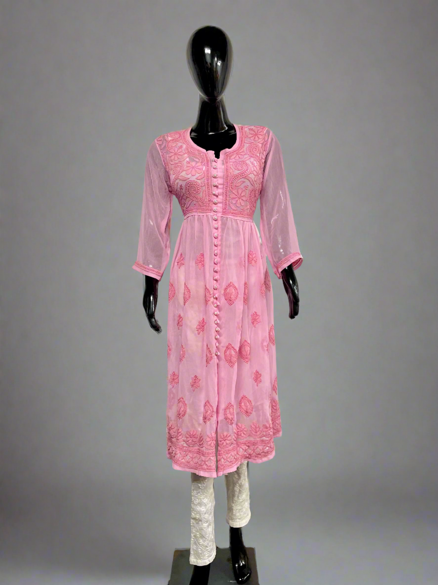 Georgette Chikankari Front Button Gown – Flowy, Elegant & Handcrafted | Store Chikankari - Store Chikankari