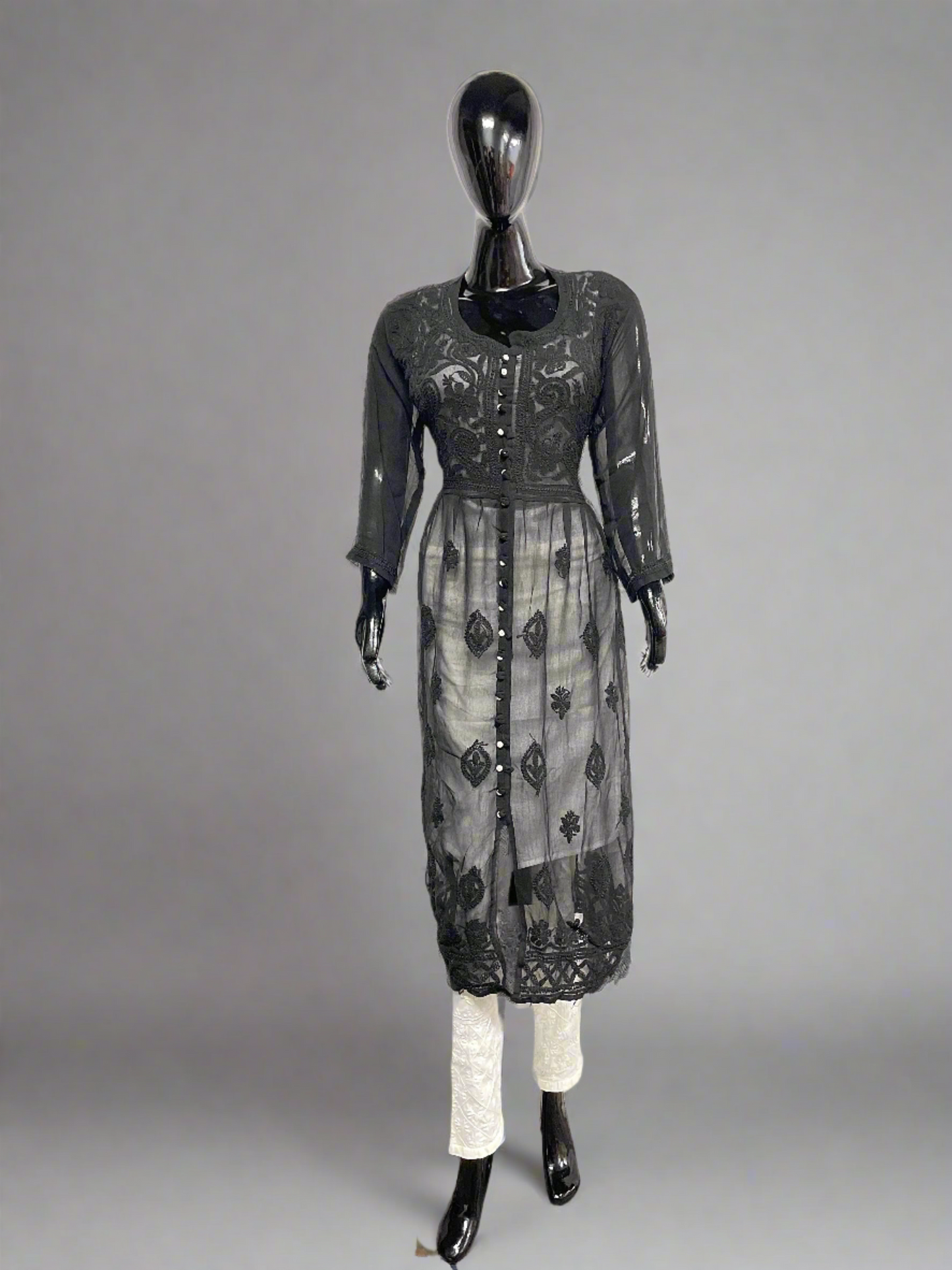 Georgette Chikankari Front Button Gown – Flowy, Elegant & Handcrafted | Store Chikankari - Store Chikankari