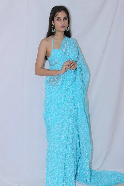 Georgette Chikankari Hand Embroidered Tepchi Saree