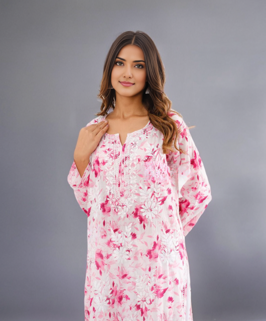 Kavya Printed Mul Cotton Kurti - Store Chikankari