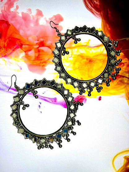 Silver-Colored Round Earrings with Mirror