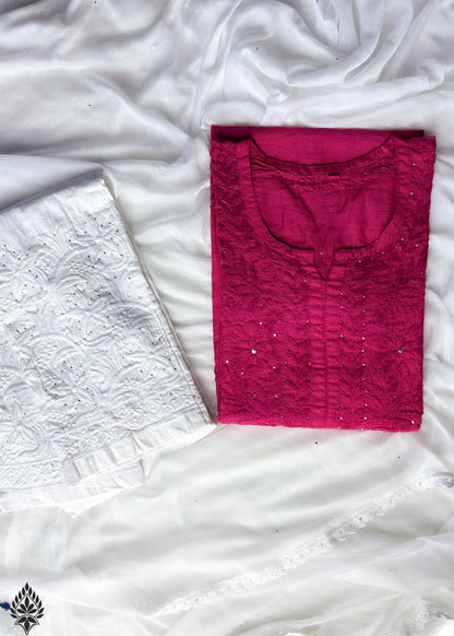 Chanderi chikankari Mukaish Kurti With Pant & Dupatta