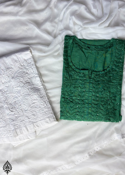 Chanderi chikankari Mukaish Kurti With Pant & Dupatta