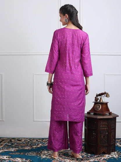Chanderi Sild Handwork Chikankari Kurta & Plazzo Set