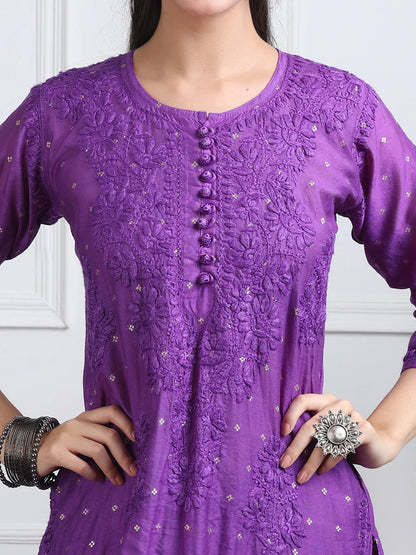 Chanderi Sild Handwork Chikankari Kurta & Plazzo Set