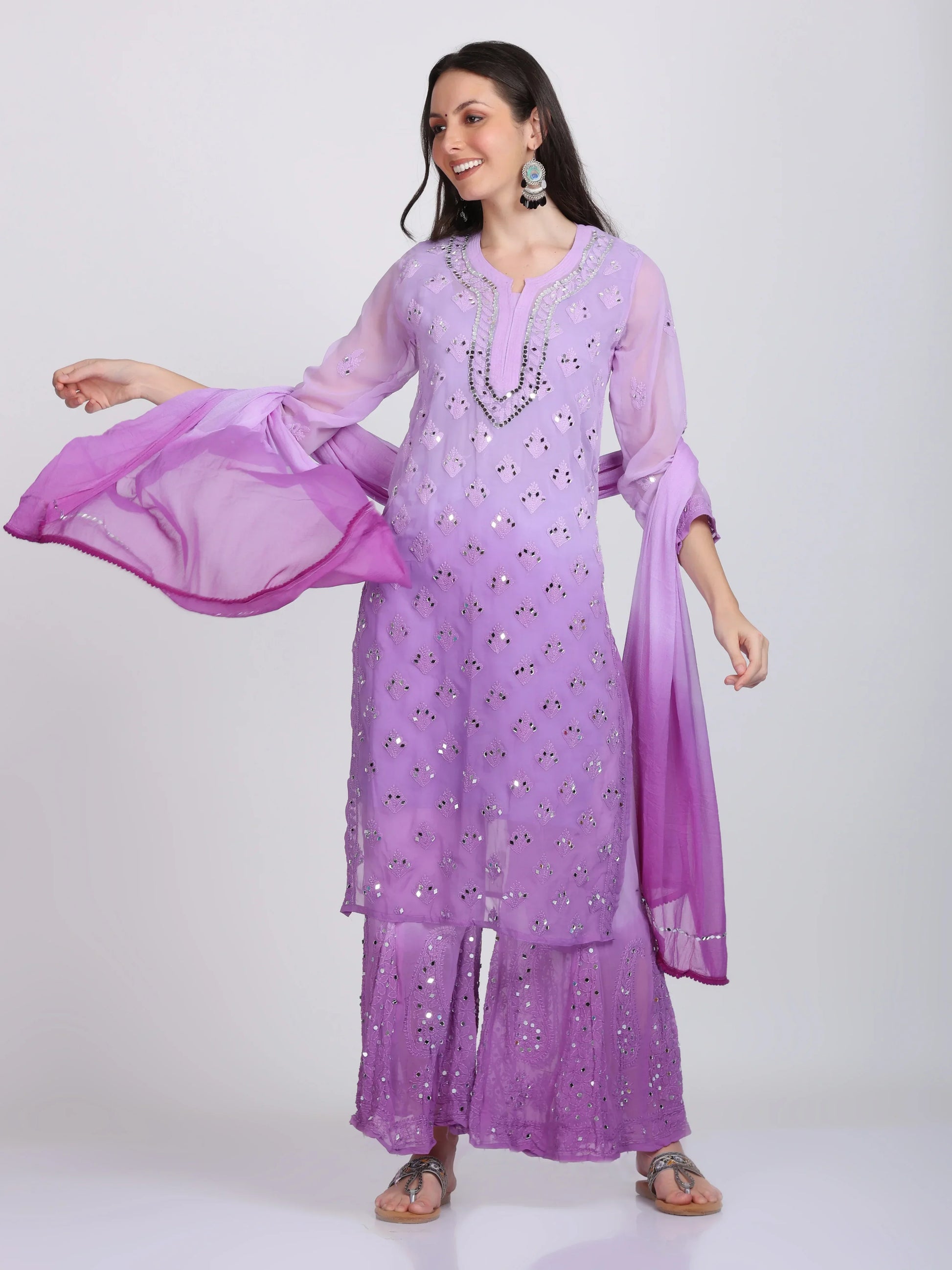 Ayna Georgette Chikankari 3 Piece Mirror Dyed Set with Coordinating Inner - Store Chikankari
