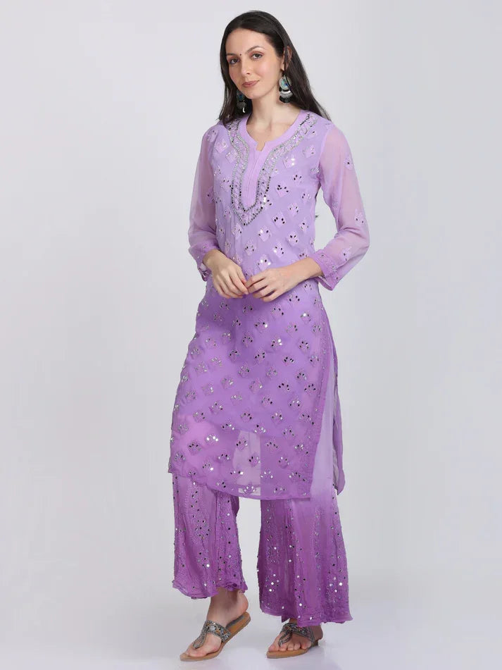 Ayna Georgette Chikankari 3 Piece Mirror Dyed Set with Coordinating Inner - Store Chikankari
