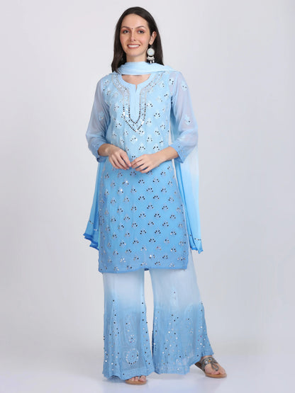 Ayna Georgette Chikankari 3 Piece Mirror Dyed Set with Coordinating Inner - Store Chikankari