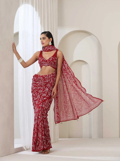 Georgette Chikankari Hand Embroidered Tepchi Saree