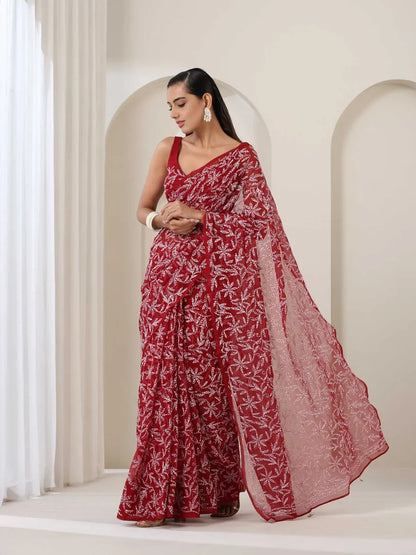 Georgette Chikankari Hand Embroidered Tepchi Saree