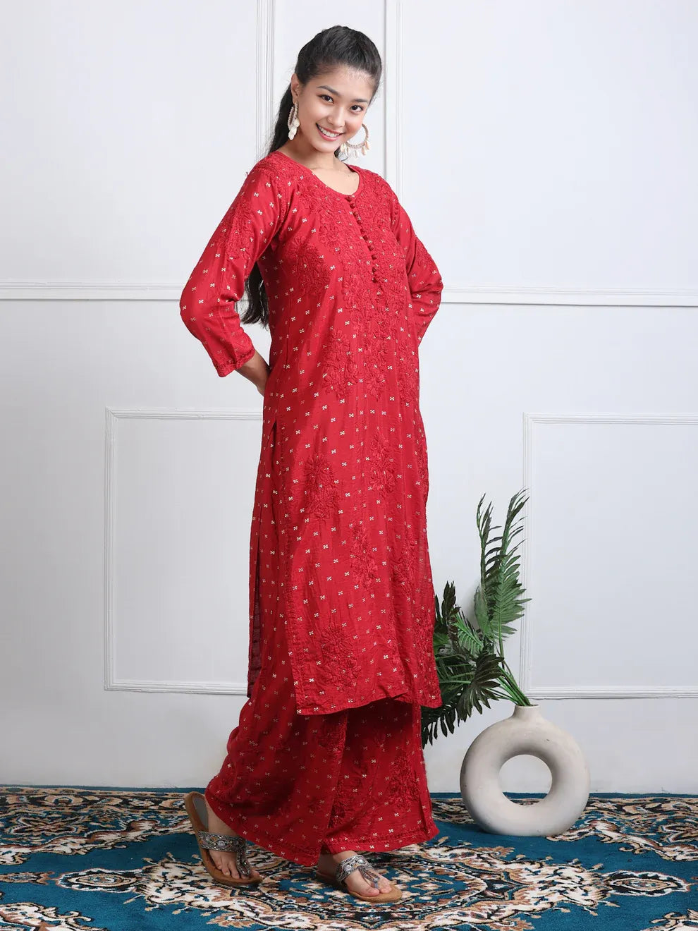 Chanderi Sild Handwork Chikankari Kurta & Plazzo Set