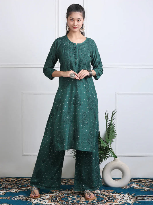 Chanderi Sild Handwork Chikankari Kurta & Plazzo Set