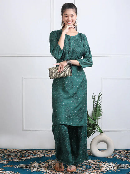 Chanderi Sild Handwork Chikankari Kurta & Plazzo Set