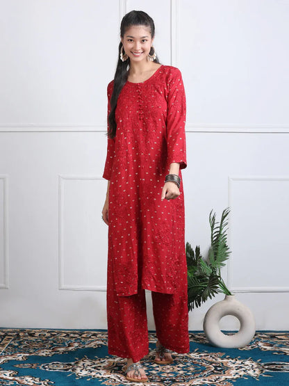 Chanderi Sild Handwork Chikankari Kurta & Plazzo Set