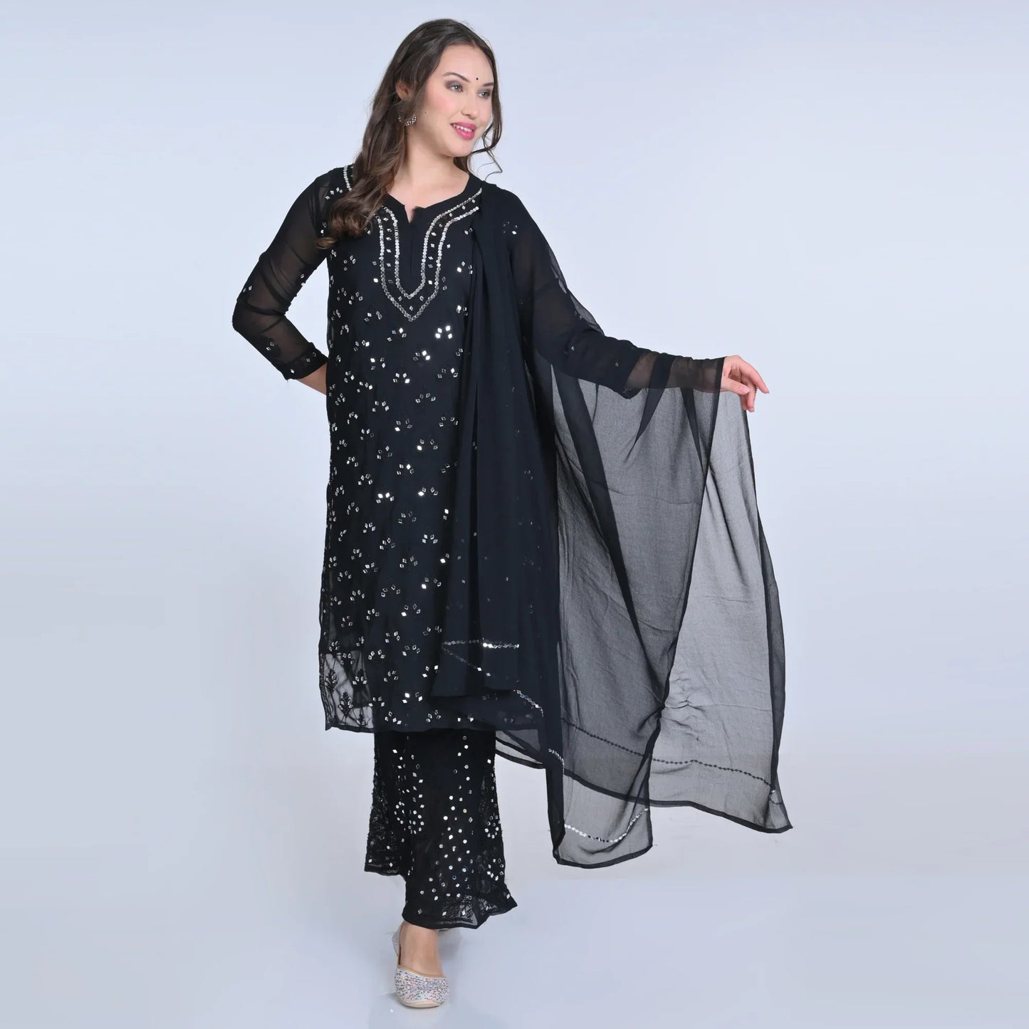 Ayna Georgette Chikankari 3 Piece Mirror Dyed Set with Coordinating Inner - Store Chikankari