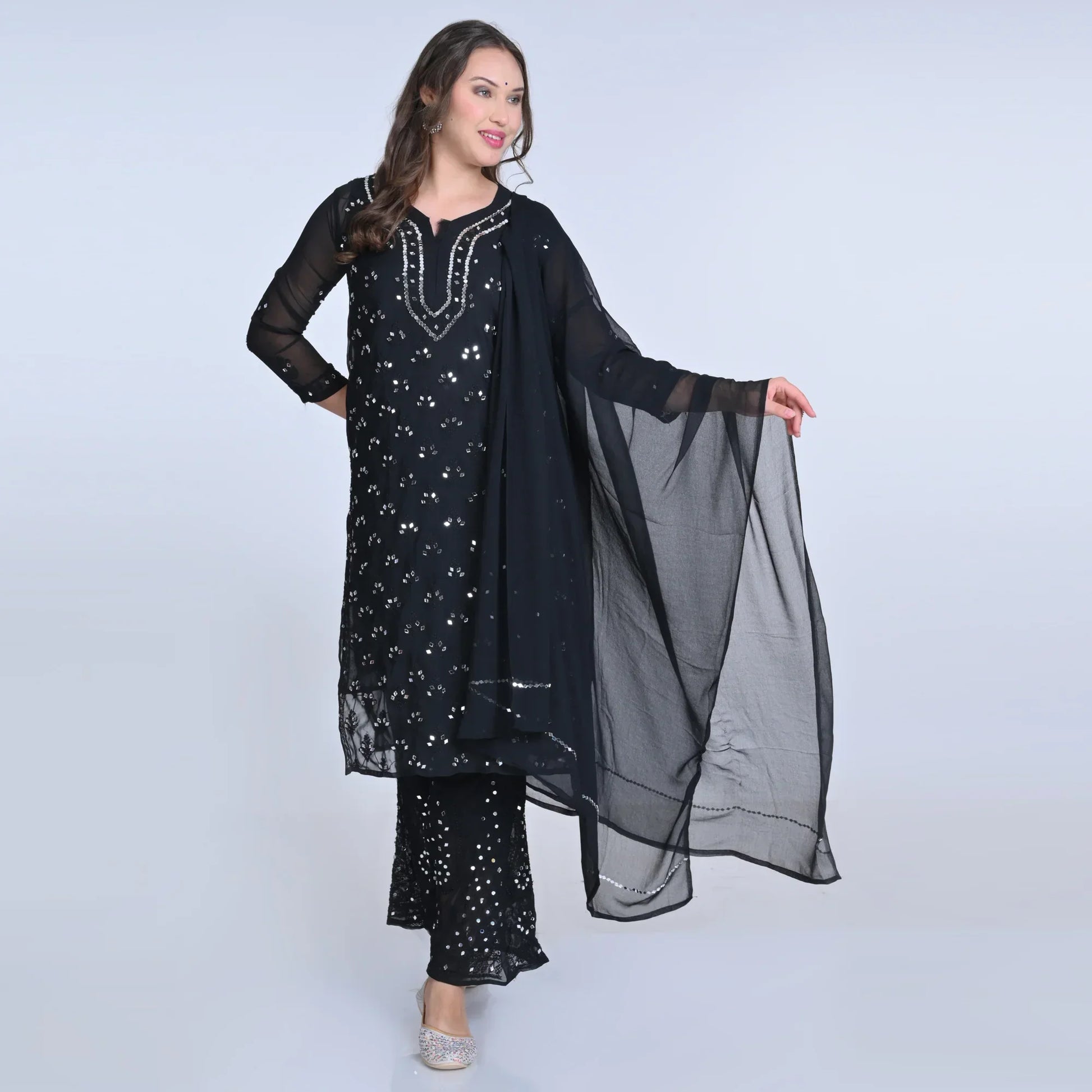 Ayna Georgette Chikankari 3 Piece Mirror Dyed Set with Coordinating Inner - Store Chikankari