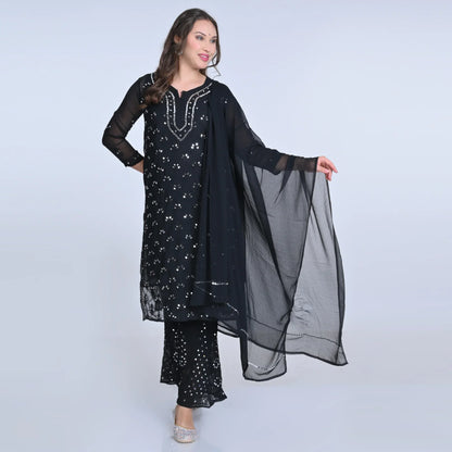Ayna Georgette Chikankari 3 Piece Mirror Dyed Set with Coordinating Inner - Store Chikankari