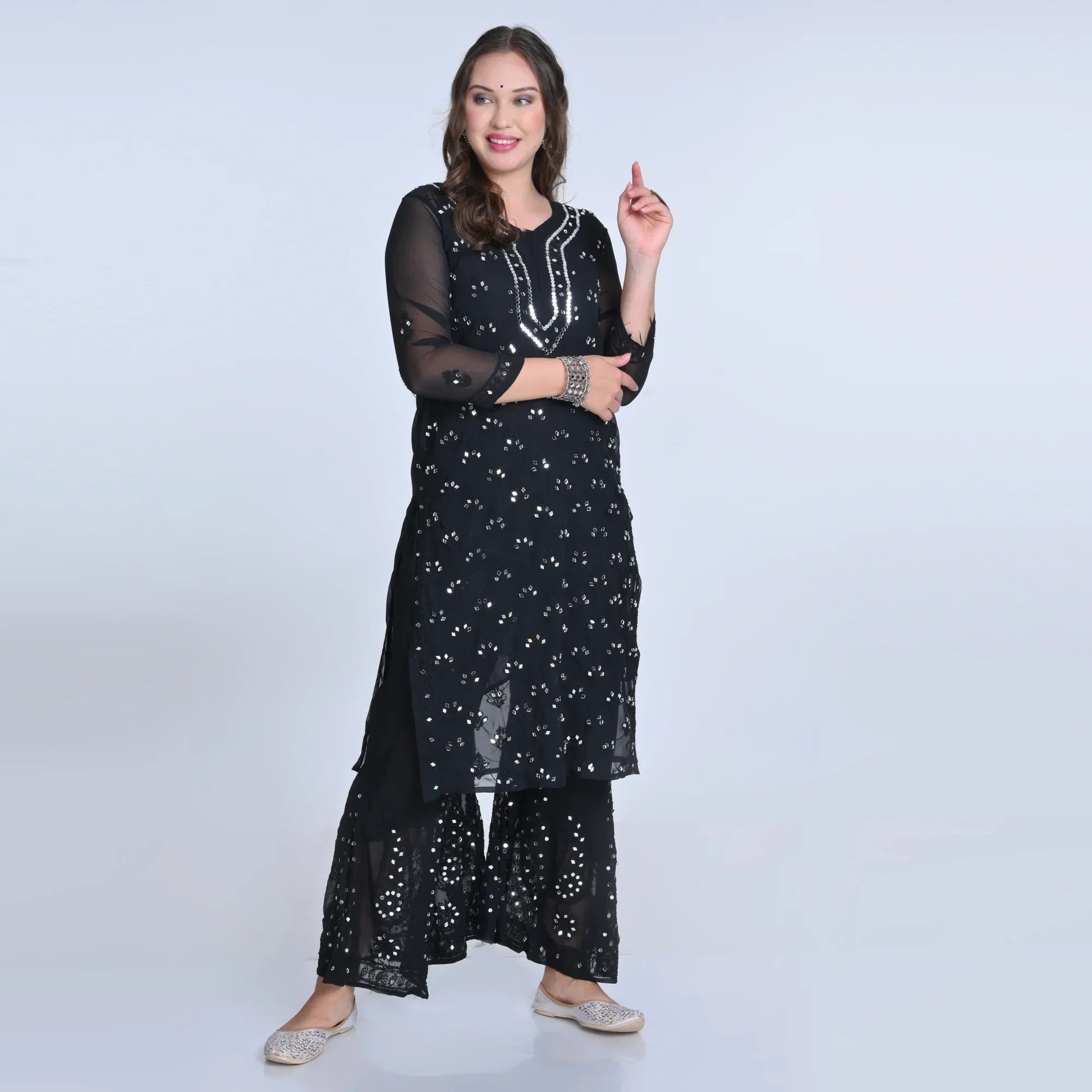 Ayna Georgette Chikankari 3 Piece Mirror Dyed Set with Coordinating Inner - Store Chikankari