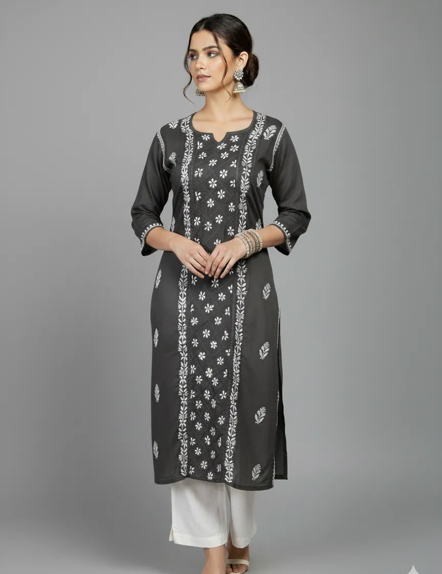 Elegant Center Panel Cotton Chikankari Kurta – Handcrafted Ethnic Grace | Store Chikankari