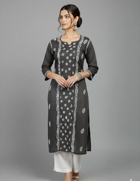 Elegant Center Panel Cotton Chikankari Kurta – Handcrafted Ethnic Grace | Store Chikankari