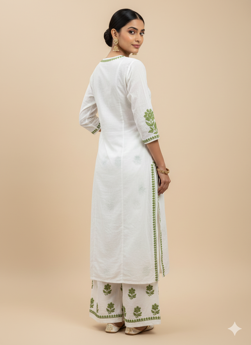 Woman wearing a white kurta with green embroidery on a beige background