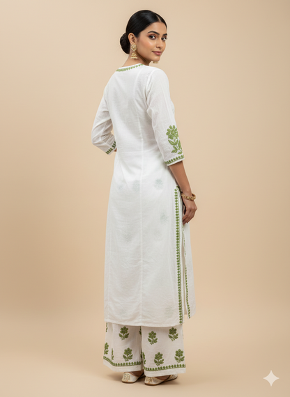 Woman wearing a white kurta with green embroidery on a beige background