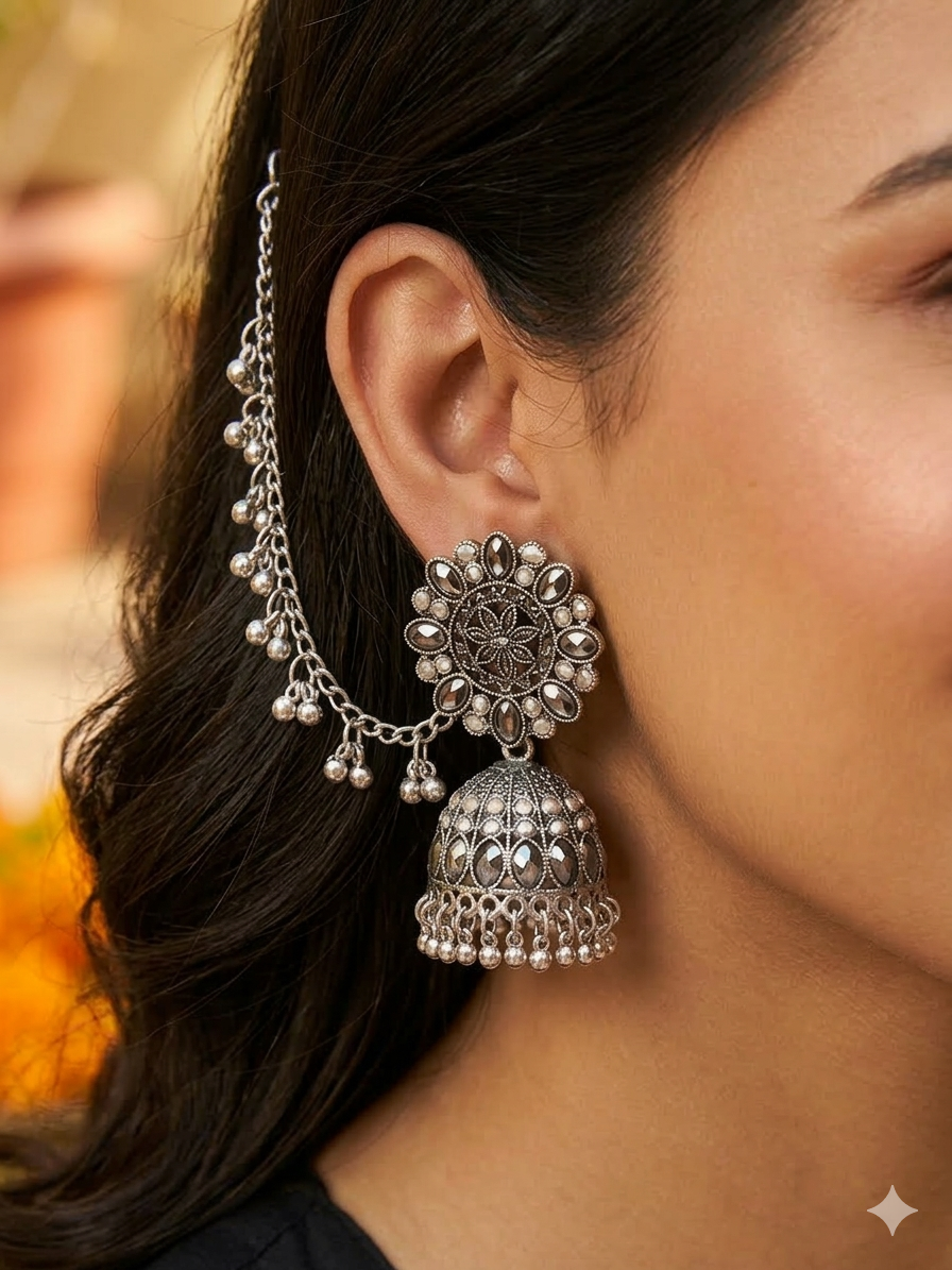 Ethnic Floral Oxidised Jhumka Earrings with Pearl Hangings